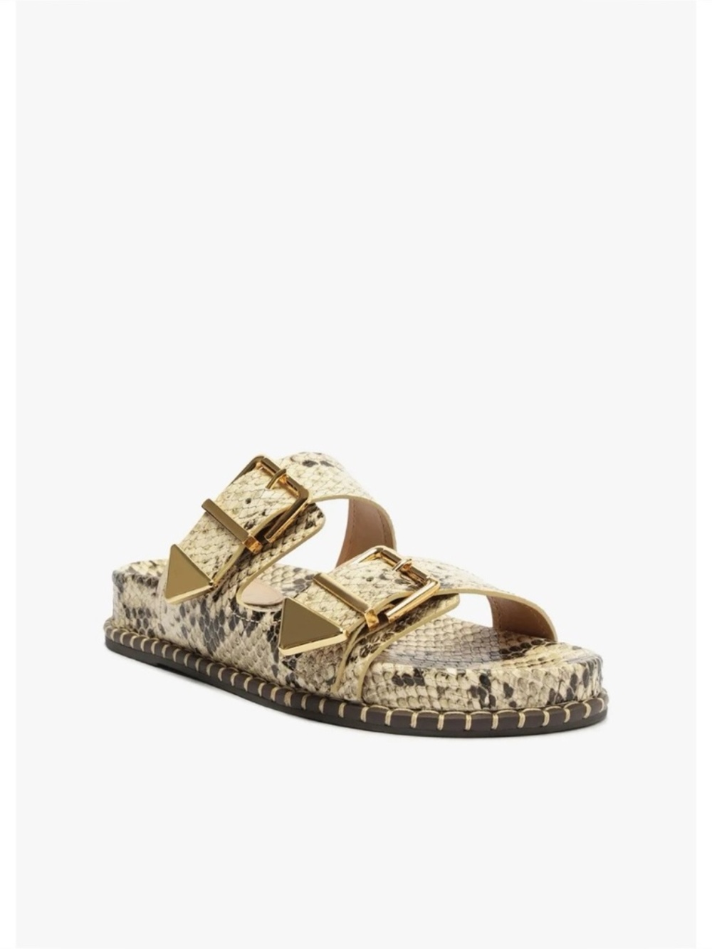 Schultz Naomi Snake Embossed Leather Slide Sandal with Gold Buckle. Size 8.5